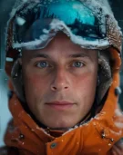 man in ski gear with blue eyes and orange jacket during snowfall